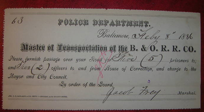 BALTIMORE POLICE DEPARTMENT TO MOVE PRISONERS ON THE B  O RAILROAD 2-8-1886