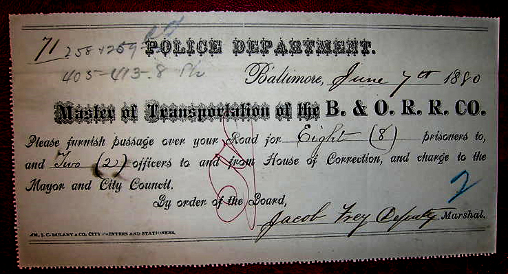 BALTIMORE POLICE DEPARTMENT TO MOVE PRISONERS ON THE B  O RAILROAD 6-7-1880