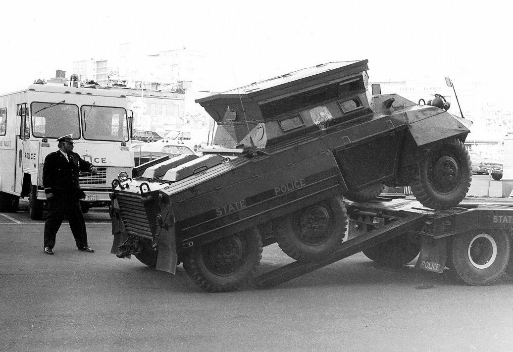 Gil Karner with State Police Armored Vehicle